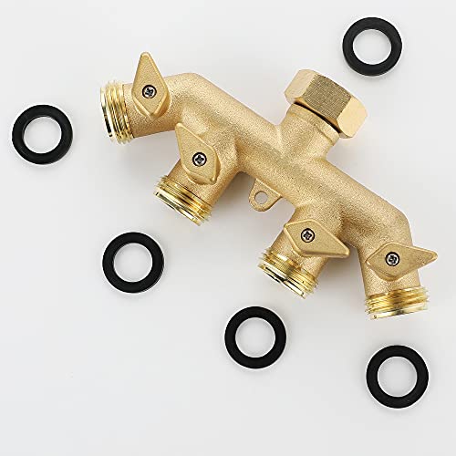 improved Heavy Duty Solid Brass 4 Way Garden Hose Splitter Nozzle Switcher Connector 4 Way Hose Splitter Shut-Off Valves for Garden Irrigation Watering 304 stainless steel Hose Connector (4 Way)