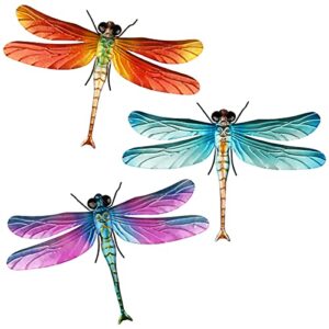 songjum 3 pcs metal dragonfly outdoor wall decor, multicolor hanging 3d dragonfly wall decor art for home, bedroom, garden, indoor and outdoor decorations