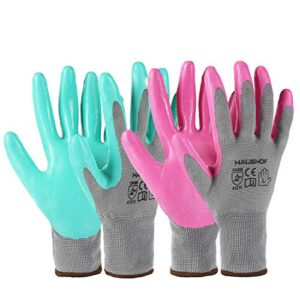 haushof 6 pairs garden gloves for women, nitrile coated working gloves, for gardening, restoration work, large, pink & green, l