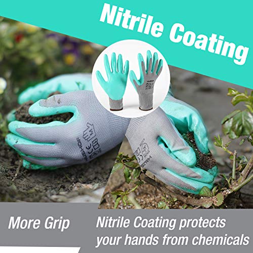 HAUSHOF 6 Pairs Garden Gloves for Women, Nitrile Coated Working Gloves, for Gardening, Restoration Work, Large, Pink & Green, L