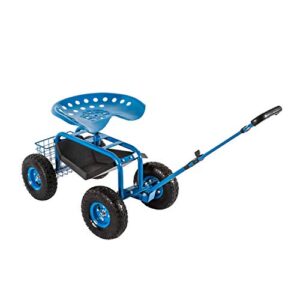 kinbor Garden Cart Rolling Work Seat with Tool Tray Outdoor Utility Lawn Patio Yard Wagon Scooter for Planting with Adjustable Handle 360 Degree Swivel Seat, Blue
