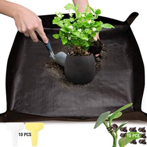 k’s plant potting mat, reusable waterproof garden plant seedling repotting tray foldable indoor transplanting tidy flower potting tarp with 10 pack plant labels and clips (39.3 x 39.3 inch)