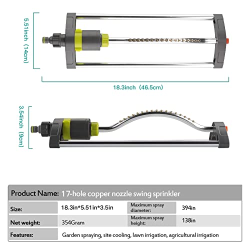 HH Together Metal Oscillating Garden Sprinkler 17 Clog-Resistant Brass Nozzles and Rust-Proof Aluminum Base, Large Area Watering Coverage, Great for Lawn, Front or Back Yard Sprinkling