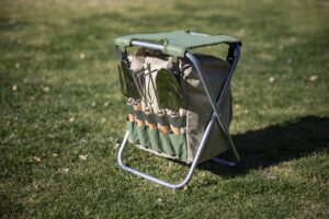 oniva – a picnic time brand gardener folding seat with tools, garden stool with detachable storage tote bag, portable chair seat with garden tools set organizer, olive green with beige accents