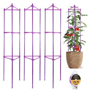 large tomato cages for garden – 48 inches, 3-pack multifunctional purple tomato plant support for vine, vegetables, fruits & flowers with adjustable stake arms – non-rusting with 328ft twist tie