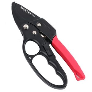 premium garden clippers, mustking ratchet pruning shears, weak handed and arthritic garden shears for flowers, stems, roses, shrubs, hedges, pruning 3 times easier, sharp scissors gardening tools