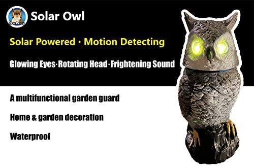 Owlery Solar Owl with Flashing Eyes, Rotating Head and Realistic Tweets, Plastic Owl Decoration for Home, Garden, Patio and Fence, 15 in x 5.5 in x 5.5 in