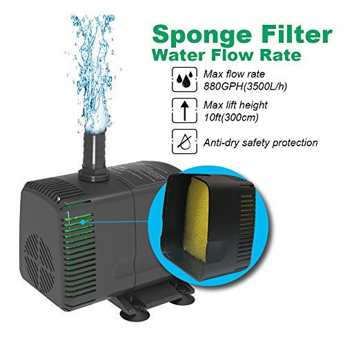 Knifel Submersible Pump 880GPH Ultra Quiet with Dry Burning Protection 10.2ft High Lift for Fountains, Hydroponics, Ponds, Aquariums & More……………