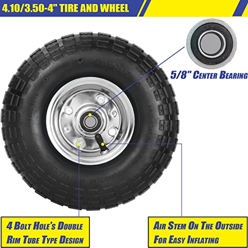 4 Pack 4.10/3.50-4" Pneumatic Air Filled Heavy-Duty Wheels/Tires,10" All Purpose Utility Wheels/Tires for Hand Truck/Gorilla Utility Cart/Garden Cart,5/8" Center Bearing,2.25" Offset Hub…