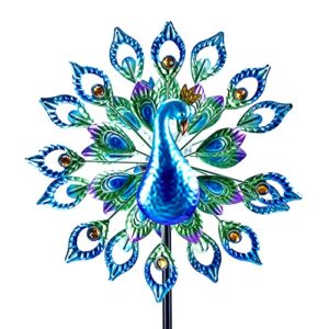 wind spinner outdoor metal solar powered sculpture large 15 inch dia 65 inch height kinetic windmills peafowl wind catcher glass ball for garden lawn yard patio decoration vane for backyar