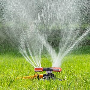 wovuu lawn sprinkler,upgrade garden sprinkler automatic 360 degree rotating irrigation grass water sprinkler system, garden hose sprinkler for yard/built in 36 units angle spray nozzles (orange)