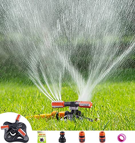 WOVUU Lawn Sprinkler,Upgrade Garden Sprinkler Automatic 360 Degree Rotating Irrigation Grass Water Sprinkler System, Garden Hose Sprinkler for Yard/Built in 36 Units Angle Spray Nozzles (Orange)