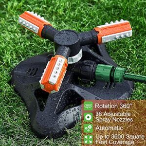 WOVUU Lawn Sprinkler,Upgrade Garden Sprinkler Automatic 360 Degree Rotating Irrigation Grass Water Sprinkler System, Garden Hose Sprinkler for Yard/Built in 36 Units Angle Spray Nozzles (Orange)