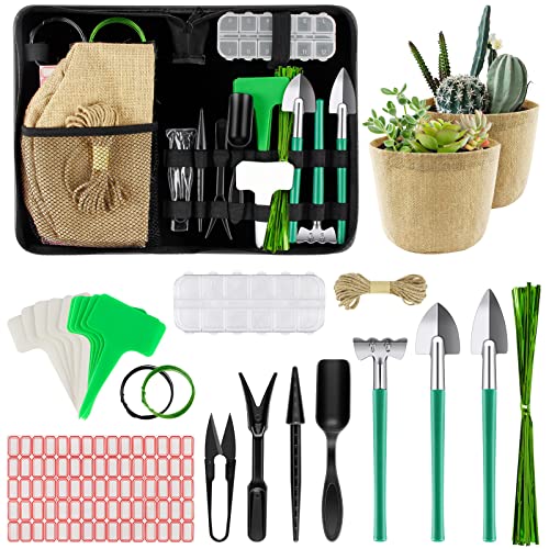 Arrinew Succulent Tools, Mini Garden Tool Set Bonsai Tree Kit with Burlap Pots Hand Shovel Rake Scissors, Indoor Plant Care Tool Accessories Gardening Gifts for Women Starter & Seniors