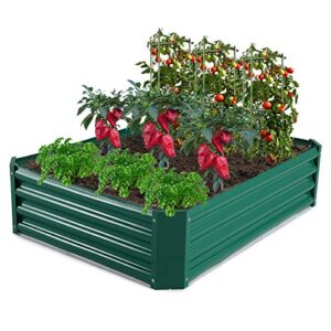 growneer 4 x 3 x 1 feet green metal raised garden bed with 4 pcs garden stakes, 1 pair of gloves and 15 pcs plant labels, elevated planter box for vegetables, fruits, flowers, herbs