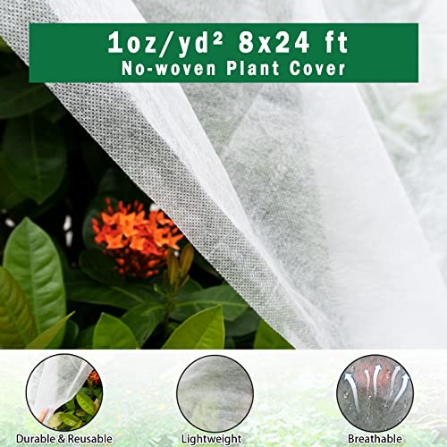 SunKrop Plant Covers Freeze Protection, 1oz/yd² 8x24ft Non-Woven Floating Row Cover Vegetable Shade Cloth for Greenhouse, Garden Winter Blanket for Frost Cold Weather Sun Insect Protection Tarp Wraps