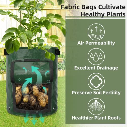 GreatBuddy 10 Gallon Potato Grow Bags 6-Pack, Thick PE Fabric Pots for Plants, Harvest Windows & Sturdy Handles, Labels Included, Green