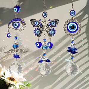 Veramz Sun Catchers, 3PCS Evil Eye Suncatcher for Window Hanging Crystal Ball Prisms Rainbow Maker Blue Eyes Pendant for Garden Car Home Indoor Outdoor Decor Charm Valentine's Day Gift