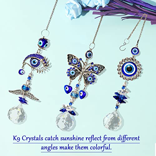 Veramz Sun Catchers, 3PCS Evil Eye Suncatcher for Window Hanging Crystal Ball Prisms Rainbow Maker Blue Eyes Pendant for Garden Car Home Indoor Outdoor Decor Charm Valentine's Day Gift