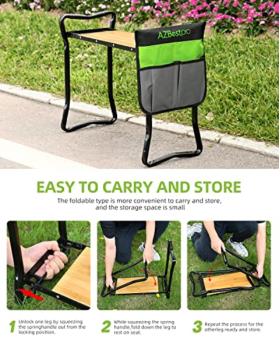 AZBESTPRO Bamboo Garden Kneeler and Seat Heavy Duty, Upgrade Gardening Bench and 2-inch Thick Kneeling Pad 1 Larger Tool Bags, Gardening Gift for Women Men, for Gardeners