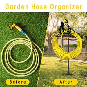 OUAIVANY Garden Hose Holder,Hose Holder Freestanding with Tools Storage Basket, Heavy Duty Detachable Hose Hanger for Patio Lawn Yard