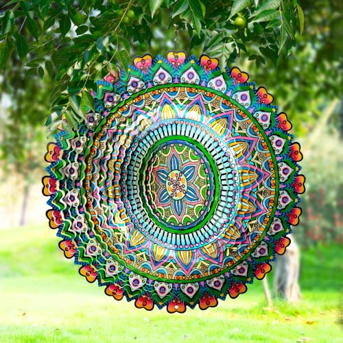 Eiryhope Wind Spinner Mandala Rich Love 12inch 3D Stainless Steel Garden Sculpture Worth Gift Laser Cut Hanging Wind Spinners Metal Kinetic Yard Art Decorations Indoor/Outdoor Décor