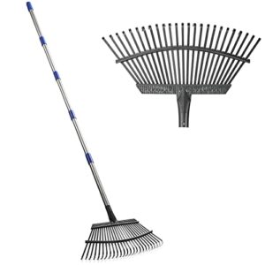 garden leaf rake, shrub rake for leaves long handle heavy duty, 18″ width metal mulch rake for gardening, flower beds, lawn, yard, 6ft