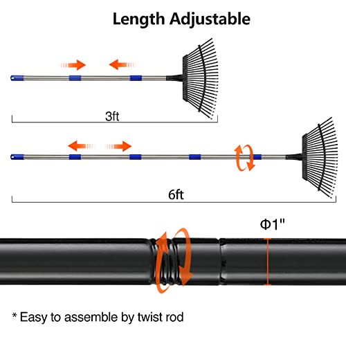 Garden Leaf Rake, Shrub Rake for Leaves Long Handle Heavy Duty, 18" Width Metal Mulch Rake for Gardening, Flower Beds, Lawn, Yard, 6ft
