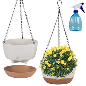 eurcrbu 2 pack hanging planters for outdoor indoor plants, 10 inch plastic outdoor hanging planter, hanging flower pots for outside with drainage holes & removable saucer for garden home (beige)