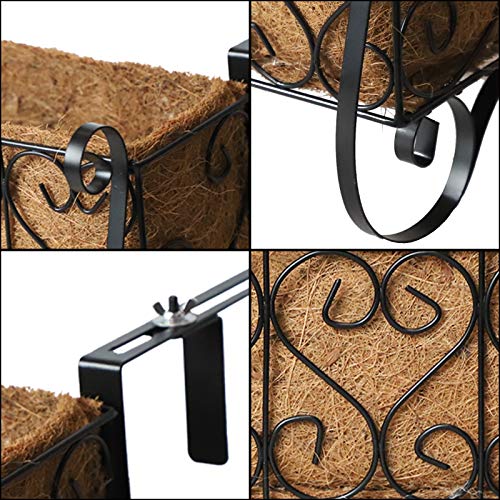 MorTime Iron Hanging Flower Rack Basket Shelf with Hooks, Railing Flower Pots Holder Black Metal Decorative Railing Shelf for Outdoor Garden Balcony Fence Patio