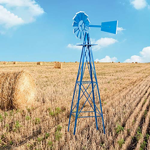 Patiomore 8FT Windmill Yard Garden Metal Ornamental Wind Mill Weather Vane for Garden Lawn Backyard, Blue