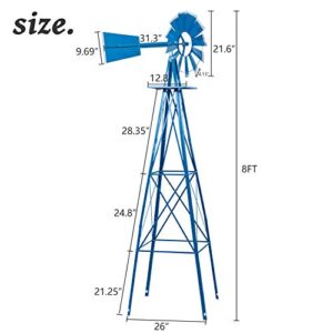 Patiomore 8FT Windmill Yard Garden Metal Ornamental Wind Mill Weather Vane for Garden Lawn Backyard, Blue