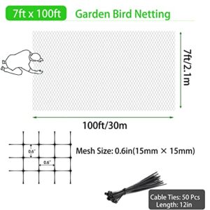 Thicken Garden Mesh Netting with 50 Pack Zip Ties, 7 x 100 FT Black Bird Netting for Garden Protect, Fruit Tree Netting Garden, Trellis Netting Plant Cover for Plant Flower Vegetable Health Growing