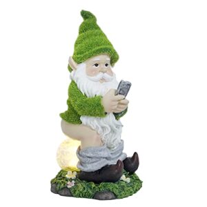 yqqy funny garden gnomes outdoor with solar lights, resin flocking gnome statue sitting and looking at the phone, naughty gnomes garden decor for patio lawn yard ornament gift green