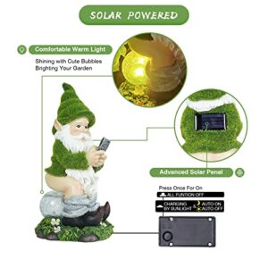 YQQY Funny Garden Gnomes Outdoor with Solar Lights, Resin Flocking Gnome Statue Sitting and Looking at The Phone, Naughty Gnomes Garden Decor for Patio Lawn Yard Ornament Gift Green