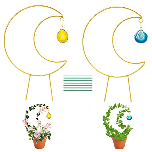 Ceiner 2PCS Small Crescent Moon Plant Trellis, Metal Mini Hoya Support for Indoor Potted Houseplants, Climber with Healing Agate for Hoya Vine Pothos Ivy Philodendron Garden Pot Cliambing Decor…