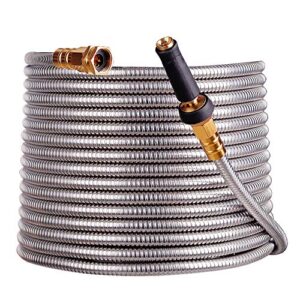 scriptract 100’304 stainless steel garden hose with free removable brass nozzle lightweight metal hose – portable durable and resistant to knots, tangles and punctures (100)