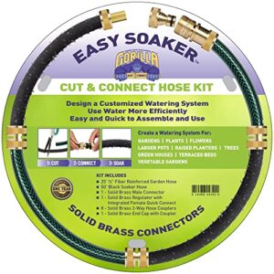 gorilla easy connect easy soaker hose watering kit with brass fittings includes customizable system with garden hose, soaker hose and reusable brass fittings with quick connector regulator.