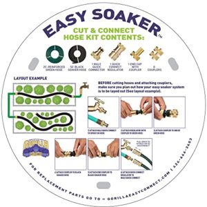 Gorilla Easy Connect Easy Soaker Hose Watering Kit with Brass Fittings Includes Customizable System with Garden Hose, Soaker Hose and Reusable Brass Fittings with Quick Connector Regulator.