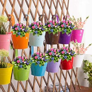 OUTFANDIA Hanging Flower Pots (10pcs), Balcony Garden Plant Planter Metal Iron Mini Flower Seedlings Brigade Fence Bucket Pots Hanger for Home Decor