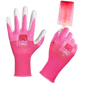 oristout garden gloves for women, ladies yard work gloves for weeding, digging, planting, harvesting, pink, medium, 1 pair