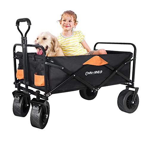 Folding Wagon Cart Heavy Duty Garden Carts, 330 Lbs Large Capacity Foldable Outdoor Camping Beach for Sand Grocery Utility Buggy Cart, Big Wheels & Adjustable Rolling Wagon Travel Shopping Use, Black