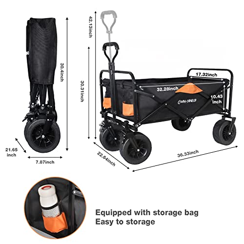 Folding Wagon Cart Heavy Duty Garden Carts, 330 Lbs Large Capacity Foldable Outdoor Camping Beach for Sand Grocery Utility Buggy Cart, Big Wheels & Adjustable Rolling Wagon Travel Shopping Use, Black