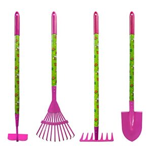 mtb supply kid’s garden tool set with child safe shovel, rake, hoe and leaf rake– 4 piece gardening kit with pink head and long wood handles…