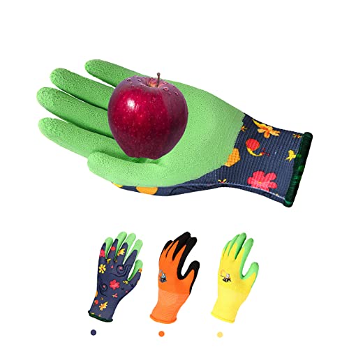 KLDOLLAR 3 Pairs Kids Gardening Gloves for Ages 7-10, Soft Safety Rubber Coated Garden Gloves for Youth Girls Boys, Yard Work Gloves for Digging Weeding Landscaping(Medium)