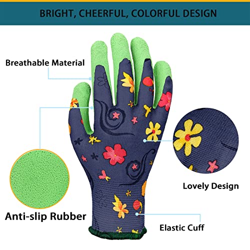 KLDOLLAR 3 Pairs Kids Gardening Gloves for Ages 7-10, Soft Safety Rubber Coated Garden Gloves for Youth Girls Boys, Yard Work Gloves for Digging Weeding Landscaping(Medium)