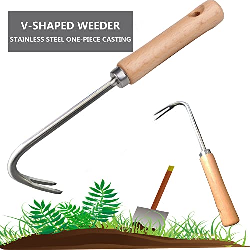 GETYIYI Weed Puller with V-Shape Weeder Weeding Tools for Garden Weed Removal Tool with Solid Wood Handle（Double Hook）