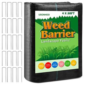 usonhoo weed barrier landscape fabric,4x50feet weed barrier landscape fabric heavy duty, weed barrier fabric landscaping fabric for gardens, agriculture, outdoor, with 20 u-shaped securing pegs