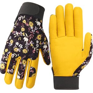 norala gardening gloves for women,breathable leather daisy flower work gloves with velcro cuff thorn proof gloves for yard/garden