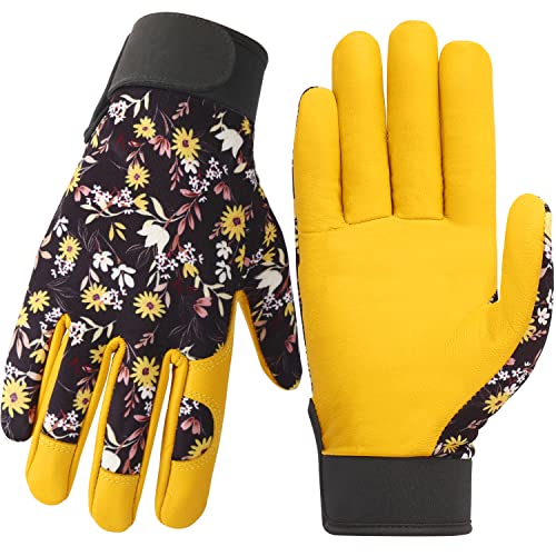 Norala Gardening Gloves for Women,Breathable Leather Daisy Flower Work Gloves with Velcro Cuff Thorn Proof Gloves for Yard/Garden